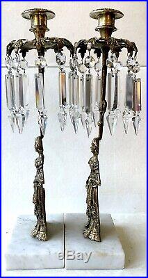 ANTIQUE BRASS CRYSTAL GIRANDOLE PAIR-FRENCH WOMAN-1850's-NO MISSING CRYSTAL
