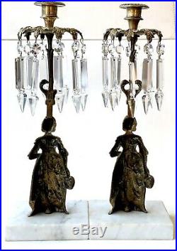 ANTIQUE BRASS CRYSTAL GIRANDOLE PAIR-FRENCH WOMAN-1850's-NO MISSING CRYSTAL