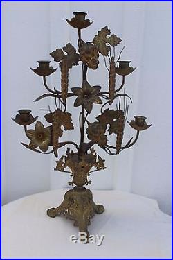 ANTIQUE BRASS FRENCH ITALIAN TOLE CANDLE HOLDER TOLE-WARE CANDELABRA church
