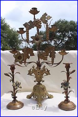 ANTIQUE BRASS FRENCH ITALIAN TOLE CANDLE HOLDER TOLE-WARE CANDELABRA church