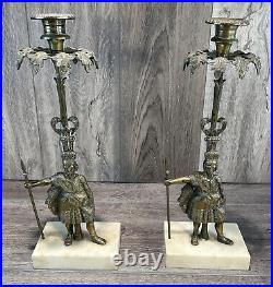 ANTIQUE BRASS MARBLE WARRIOR CANDLEHOLDERS Circa 1850 SET OF 2