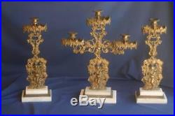 Antique Cherubs Girandole 3 Piece Marble Brass Candelabra Set Candle Holders