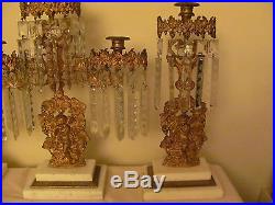 Antique Cherubs Girandole 3 Piece Marble Brass Candelabra Set Candle Holders
