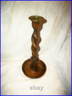 ANTIQUE ENGLISH OAK BARLEY TWIST CANDLE HOLDER CANDLESTICK BRASS LATE 1800s