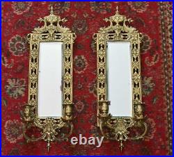 ANTIQUE MIRROR & BRASS CANDLE HOLDER PAIR Wall Sconces Gilt DOLPHINS 23 x 8