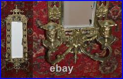 ANTIQUE MIRROR & BRASS CANDLE HOLDER PAIR Wall Sconces Gilt DOLPHINS 23 x 8