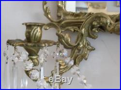 ANTIQUE VTG BRASS CHANDELIER STYLE WALL MIRROR SCONCE CANDLE HOLDER w CRYSTALS