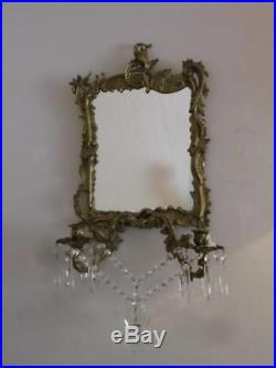 ANTIQUE VTG BRASS CHANDELIER STYLE WALL MIRROR SCONCE CANDLE HOLDER w CRYSTALS