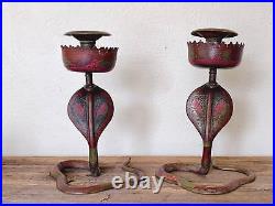 Amazing Pair of XL Vintage Brass Hand Painted Enameled Cobra Snake Candle Holder