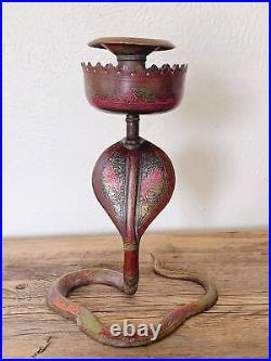 Amazing Pair of XL Vintage Brass Hand Painted Enameled Cobra Snake Candle Holder