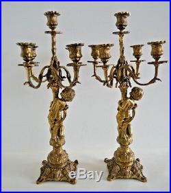 Angel Cherub Candle Holders Candelabra Brass 5-arm Pair Portugal 17.5 Antique