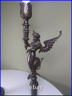 Antique 17th Century Mythological Winged Mermaid Brass Candle Holders Unique