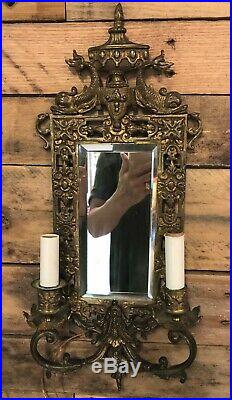 Antique 1800's ornate gilt bronze brass wall mirror candle holder sconce fixture
