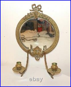 Antique 1800's ornate gilt bronze wall mirror candle holder sconce fixture brass