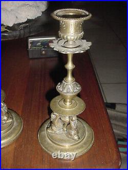 Antique 1800s Brass Candlesticks Dolphin Koi Fish Authentic