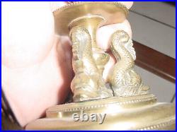 Antique 1800s Brass Candlesticks Dolphin Koi Fish Authentic