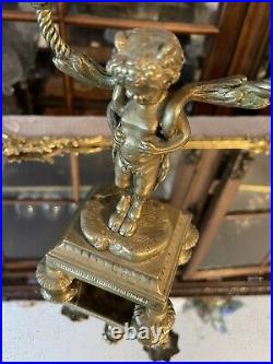 Antique 1800s Brass Double Candelabra Candlestick Children Fauns Figurines