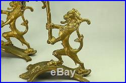 Antique 1800s Pair Double Candelabra Cast Brass Candle Holders Lion Rampant