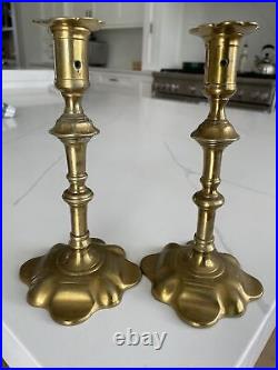 Antique 18th Century George II  English Brass Petal Base / Top Candle Holders