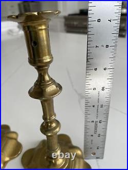 Antique 18th Century George II  English Brass Petal Base / Top Candle Holders
