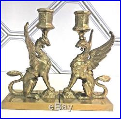 Antique 1910 Pair Brass Winged Griffins/Dragons & Turtles Gothic Candleholders