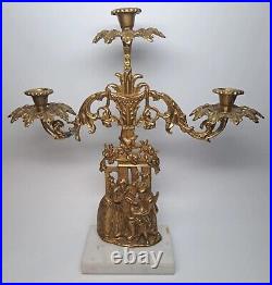 Antique 19th C. Brass Girandole Candelabra Candle Holder Woman Man Dog with Prisms