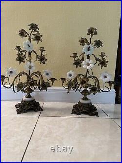 Antique 19th c. Pair of Brass 4 Arm Floral Candelabras with Milk Glass Flowers