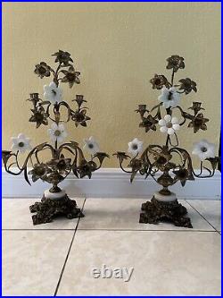 Antique 19th c. Pair of Brass 4 Arm Floral Candelabras with Milk Glass Flowers