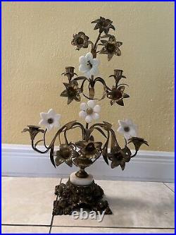 Antique 19th c. Pair of Brass 4 Arm Floral Candelabras with Milk Glass Flowers