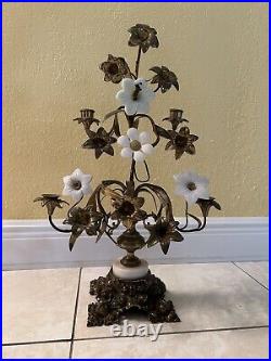 Antique 19th c. Pair of Brass 4 Arm Floral Candelabras with Milk Glass Flowers