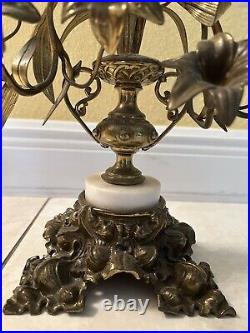 Antique 19th c. Pair of Brass 4 Arm Floral Candelabras with Milk Glass Flowers