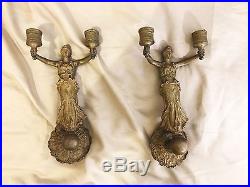 Antique 2 Brass Candle Stick Holders Wall Women Figures