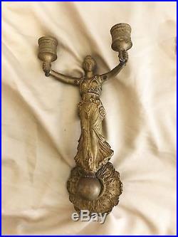 Antique 2 Brass Candle Stick Holders Wall Women Figures