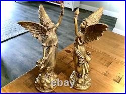 Antique (2) Bronze Brass Angel Taper Candle Holder French Liberty Candelabra 13