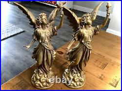 Antique (2) Bronze Brass Angel Taper Candle Holder French Liberty Candelabra 13