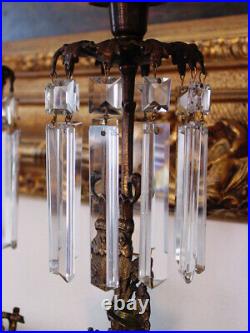Antique 2pc Figural Girandole Gilt Bronze Brass Candle Holders w Crystal Prisms