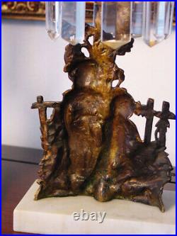 Antique 2pc Figural Girandole Gilt Bronze Brass Candle Holders w Crystal Prisms