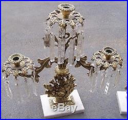 Antique 3 Piece Brass Prism Marble Base Girandole Candelabra Set Beautiful