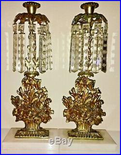 Antique 3pc Set Girandole Candelabras withCrystal Prisms, Gilded Brass on Marble