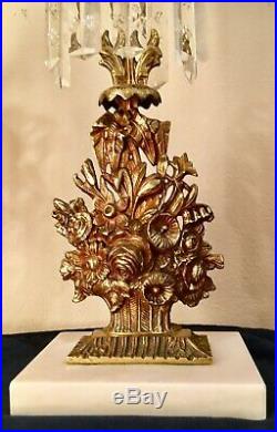 Antique 3pc Set Girandole Candelabras withCrystal Prisms, Gilded Brass on Marble