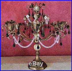 Antique 6 Arm Candelabra Ornate French Rococo Shabby Chic Brass Colored Crystals