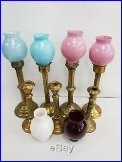 Antique 7 Brass Religious Altar Church Candlesticks Spring Loaded w Glass Globe