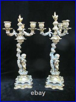 Antique BRASS Art Nouveau CHERUB Candelabra Candle Holder Mantel Pair