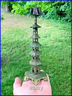 Antique BRASS Candle Stick Tulip Top Holder TIERED CHINESE PAGODA 9/3 sj17j