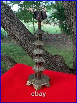 Antique BRASS Candle Stick Tulip Top Holder TIERED CHINESE PAGODA 9/3 sj17j