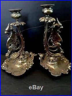 Antique BRASS Gold Gilt ART NOUVEAU Figural Dragon Candle Holder Pair, Ornate