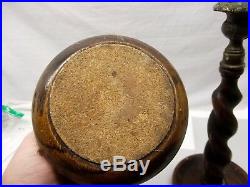 Antique Barley Twist Candle Holder Oak Candlestick Pair Brass Scottish Thistle