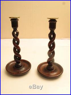 Antique Barley Twist Pair Of Candle Sticks Stands W Brass Cups 19th C Walnut
