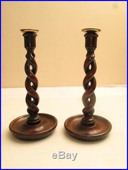 Antique Barley Twist Pair Of Candle Sticks Stands W Brass Cups 19th C Walnut