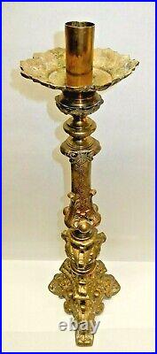 Antique Baroque Jesus Joseph Mary 31 Tall Heavyweight Brass Candle Holder